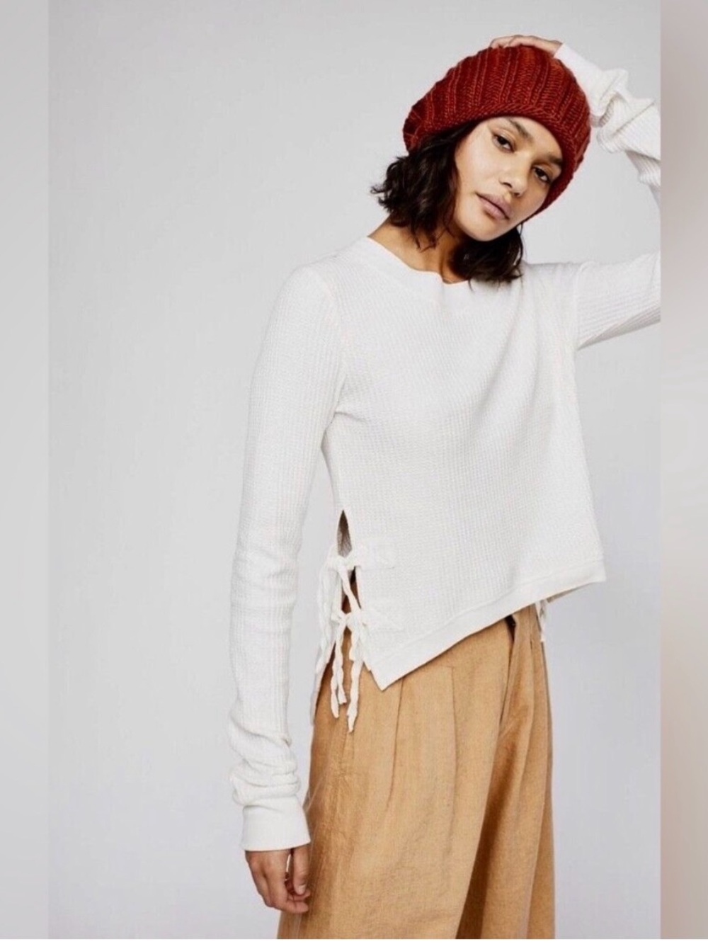 Women’s Free People FP One Cropped Interlaken Thermal Top side ties white Sz S